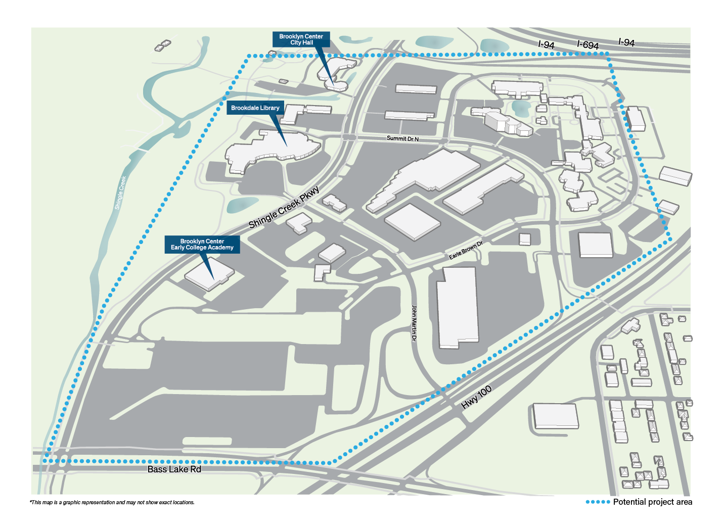Map of the potential project area in Brooklyn Center, Minnesota. A blue dotted boundary surrounds an area east of Shingle Creek and south of I-94 and I-694. Labeled landmarks include Brooklyn Center City Hall, Brookdale Library, and Brooklyn Center Early College Academy. Labeled roads include Bass Lake Road, Shingle Creek Parkway, Summit Drive North, Earle Brown Drive, and Highway 100. Legend: Potential project area. Disclaimer: This map is a graphic representation and may not show exact locations.